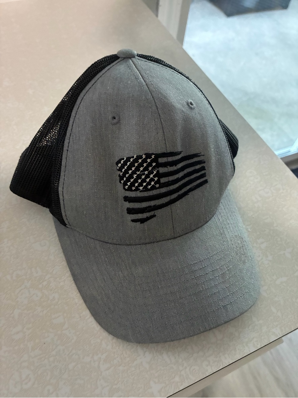 Gray & Black Trucker Hat with Embroidered Flag